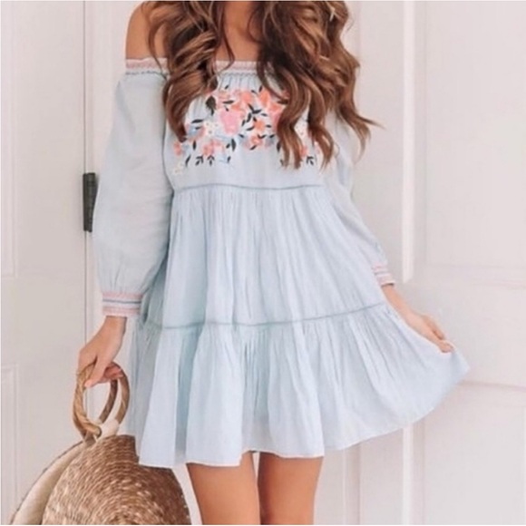 Free People Sunbeam Blue Embroidered Long Sleeve Off the Shoulder Dress Small - Picture 3 of 7